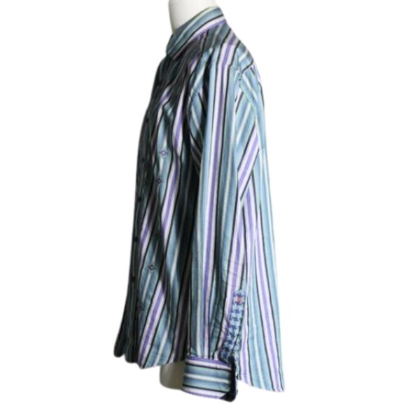 Robert Graham SZ LG Men's LS Shirt -Green, Navy & Mauve Striped, Embroidered - Picture 9 of 12